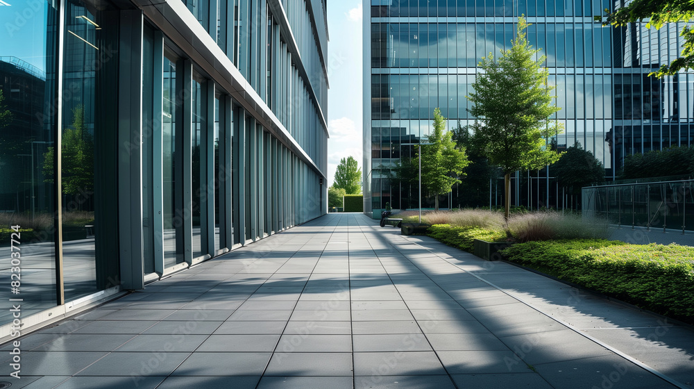 A walkway running alongside a sleek, modern corporate building. The light of the morning sun gently illuminates the facade, adding shine and prestige.