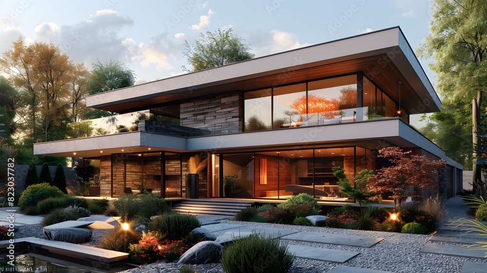 Modern luxury house with large windows illuminated at dusk surrounded by landscaped garden and outdoor lighting. Modern luxury house with large windows illuminated at dusk surrounded by landscaped garden and outdoor lighting.