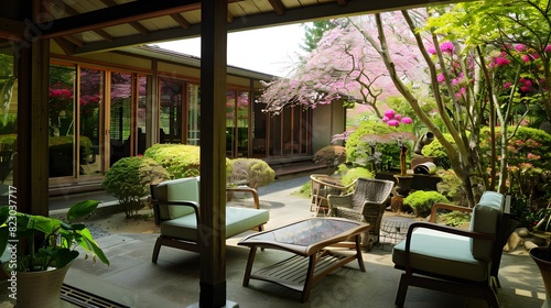 Tranquil Japanese garden with blooming cherry blossoms viewed from a stylish patio with comfortable outdoor furniture against a serene backyard setting, perfect for relaxation and peace. 