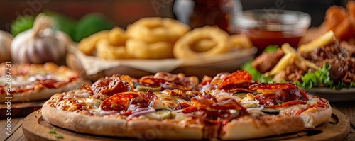 Delicious pepperoni pizza with assorted appetizers in the background, perfect for a hearty meal setting. Fresh and inviting.