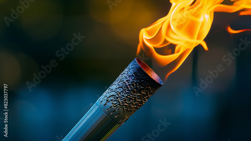 A close shot of the lit Olympic torch shows a living flame that symbolizes the spirit of the games. © Sawyer0