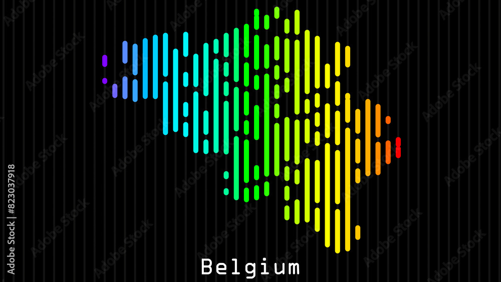 A map of Belgium is presented in the form of colorful vertical lines against a dark background. The country's borders are depicted in the shape of a rainbow-colored diagram. A map of Belgium is presented in the form of colorful vertical lines against a dark background. The country's borders are depicted in the shape of a rainbow-colored diagram.