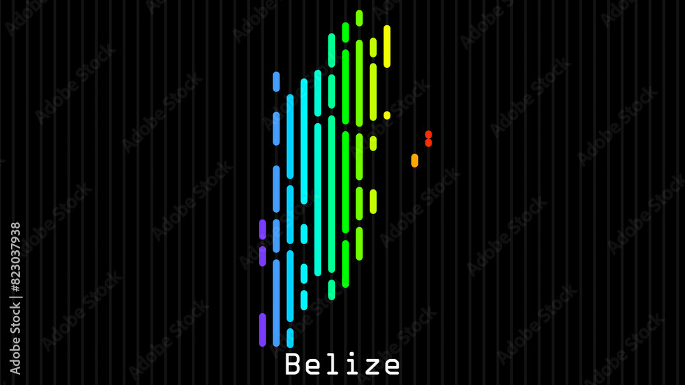 Fototapeta premium A map of Belize is presented in the form of colorful vertical lines against a dark background. The country's borders are depicted in the shape of a rainbow-colored diagram.