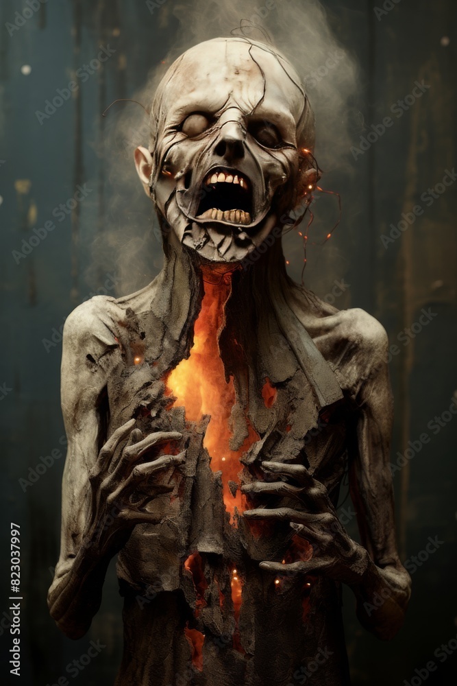 Terrifying zombie with burnt with decaying skin and a fiery chest emits an eerie glow which evoking fear and horror