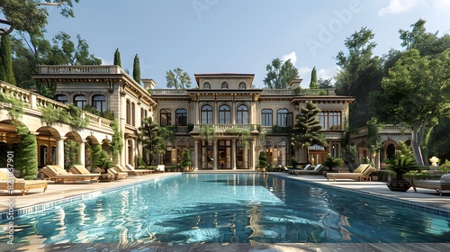 An opulent mansion with a large outdoor pool surrounded by lush greenery under a clear sky.