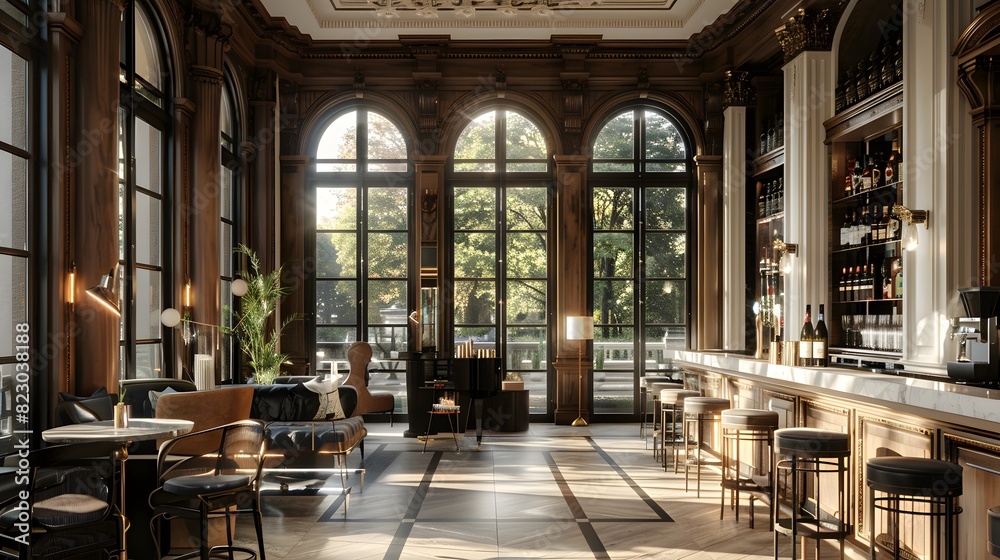 Elegant interior of a luxurious bar with classic design elements and sunlight streaming through large windows. 