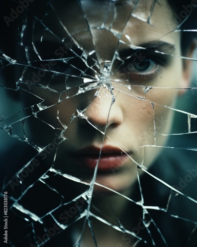 A close-up of a woman's face reflected in shattered glass with symbolizing emotional turmoil and fragmented identity