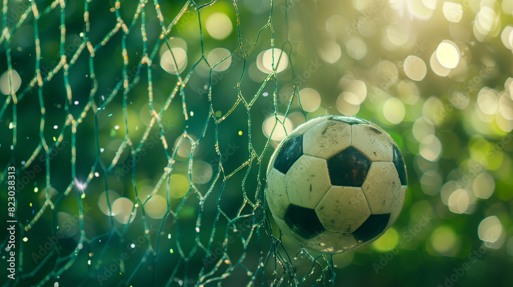 Obraz premium A soccer ball is in the goal net with a lit green background behind it.