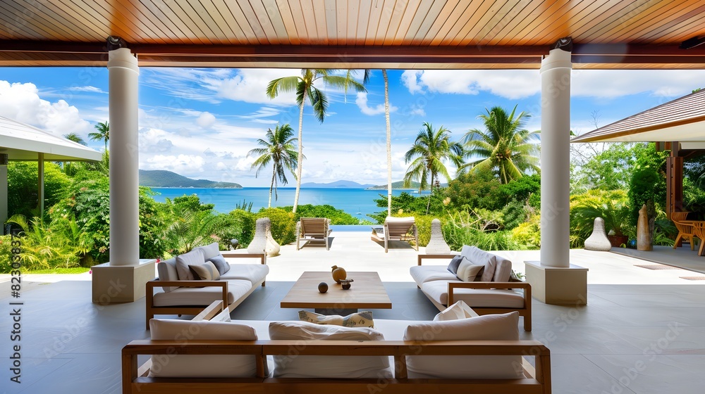 Fototapeta premium Luxurious resort patio with comfortable seating overlooking a serene tropical ocean view 