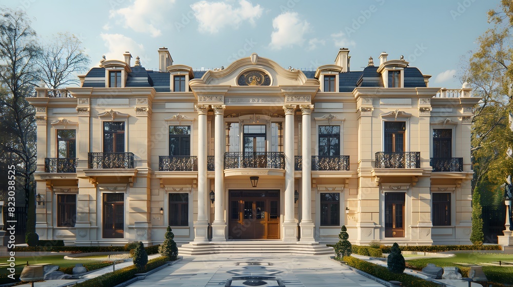 Luxurious and grand neoclassical style mansion with lush gardens and intricate architectural details under a clear sky, perfect for high-end real estate marketing materials. 