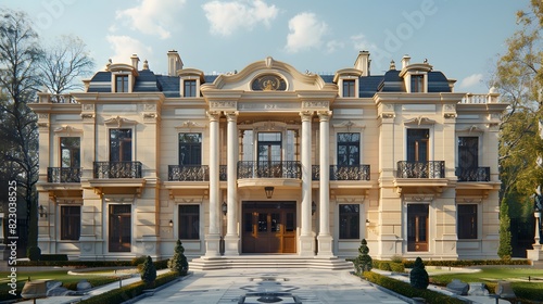 Luxurious and grand neoclassical style mansion with lush gardens and intricate architectural details under a clear sky  perfect for high-end real estate marketing materials. 