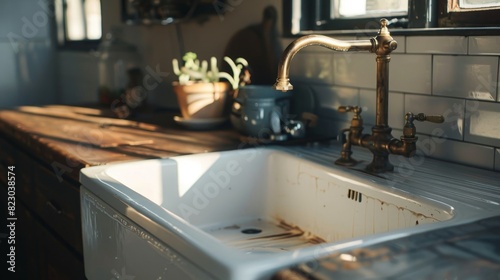 Corner sink with a vintage design in a kitchen  maximizing space in smaller areas  close-up shot with studio lighting for detailed advertisement