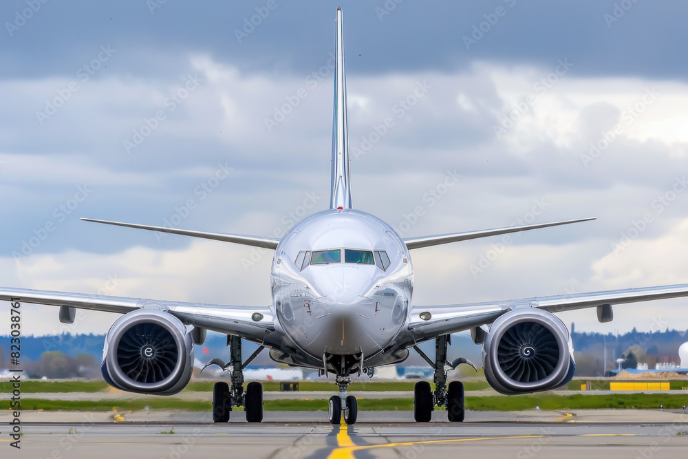 Front View of a Modern Commercial Airliner on the Runway Front View of a Modern Commercial Airliner on the Runway
