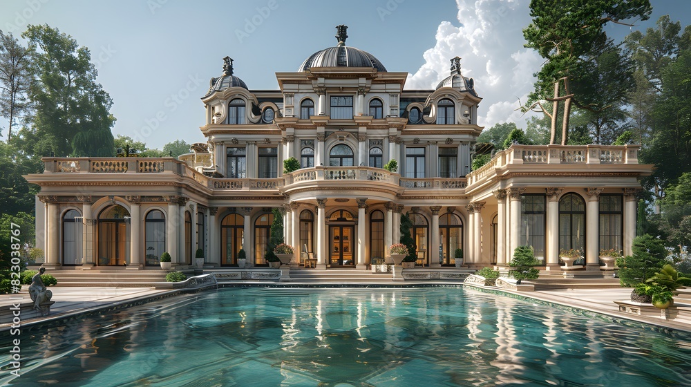 An opulent neoclassical mansion with a large pool in the foreground under a clear blue sky 