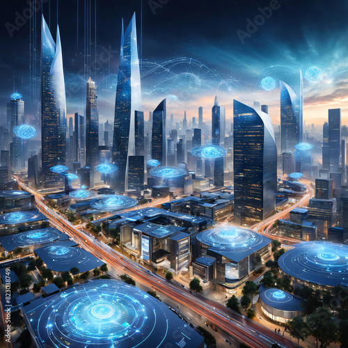 New Age Cityscape Showing Futuristic Technology and Digital Network Connectivity photo