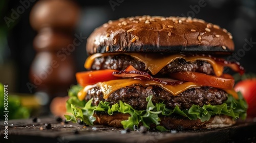 Close-up of a delicious double cheeseburger with fresh lettuce, ripe tomatoes, and crispy bacon on a sesame seed bun, perfect for food enthusiasts. photo