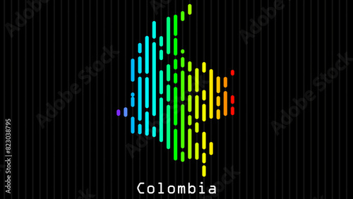 A map of Colombia is presented in the form of colorful vertical lines against a dark background. The country's borders are depicted in the shape of a rainbow-colored diagram.
