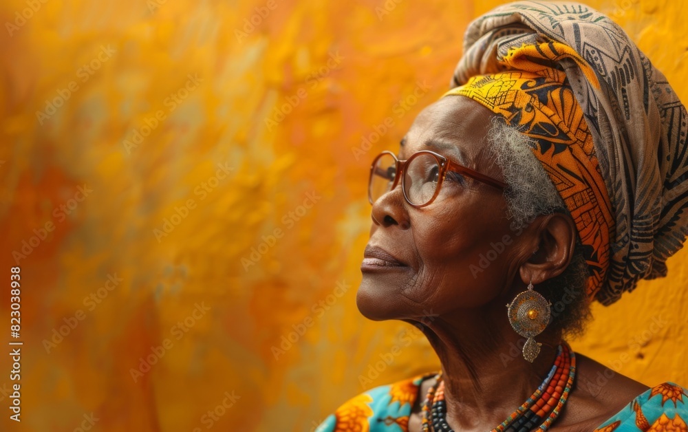 An elderly woman of African descent is wearing a head scarf and glasses An elderly woman of African descent is wearing a head scarf and glasses