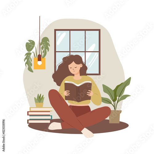 Woman reading book while sitting flat style
