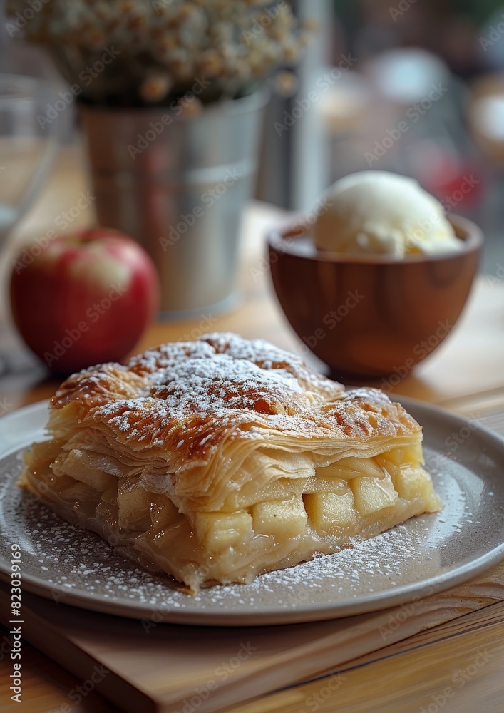 Apfelstrudel - Apple strudel with a dusting of powdered sugar and a scoop of vanilla ice cream. Apfelstrudel - Apple strudel with a dusting of powdered sugar and a scoop of vanilla ice cream.
