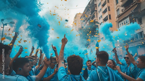 group of Sky Blue football team fans cheer and celebrating a winning tournament or winning league in street. the fans wearing sky blue shirt . Generative AI photo
