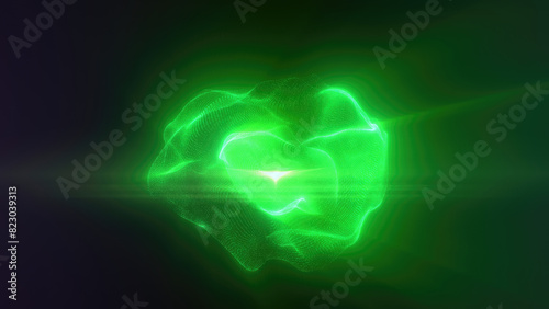 Green energy magic sphere round high-tech digital ball core of light rays waves lines and energy particles. Abstract background