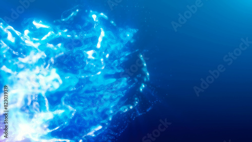 Blue multi-colored energy glowing magic liquid made of waves and electric iridescent plasma of high-tech digital lines and particles in water. Abstract background