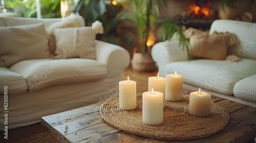 Cozy living room interior with lit candles on a coffee table, emphasizing a warm and peaceful atmosphere 