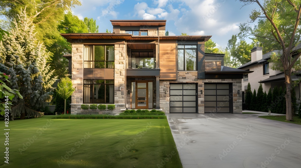 Modern luxury house with beautiful landscaping on a sunny day, perfect for real estate listings. Modern luxury house with beautiful landscaping on a sunny day, perfect for real estate listings.