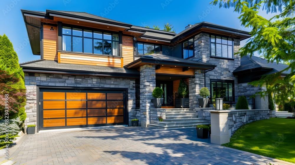 Luxurious modern house with a large garage door and beautiful landscaping under a clear blue sky.
