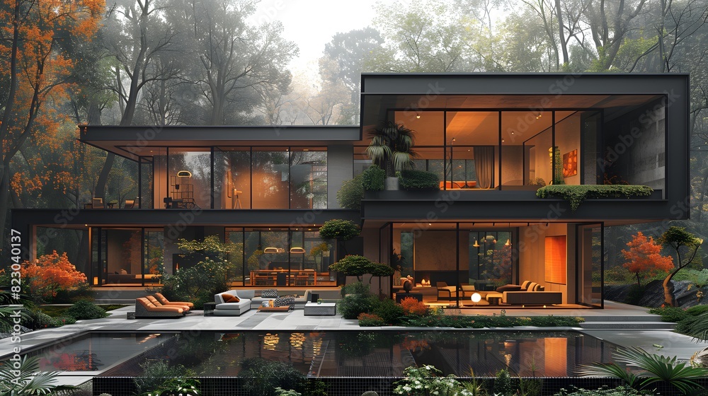 Modern luxury house with large windows surrounded by forest at dusk ...