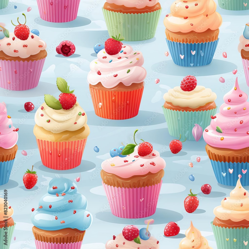 Colorful seamless pattern of cupcakes with frosting and berries on a light blue background, perfect for confectionery design projects. Colorful seamless pattern of cupcakes with frosting and berries on a light blue background, perfect for confectionery design projects.