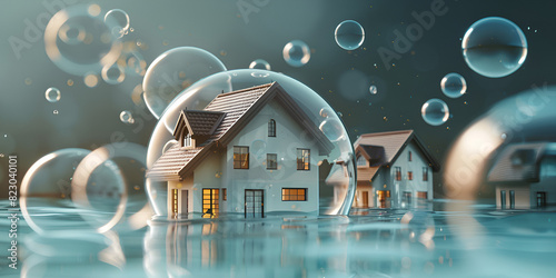  Country house in a soap bubble, House in bubble housing market bubble concept, The Symbolic Representation of a House Trapped Inside a Bubble  
 photo