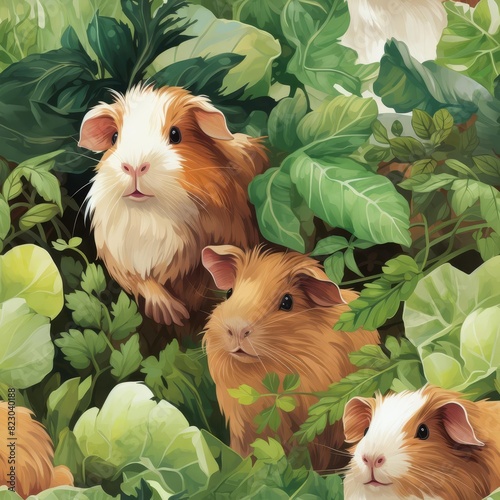 Cute guinea pigs hiding in lush greenery and leaves, providing a charming and whimsical nature scene. Perfect for pet lovers.