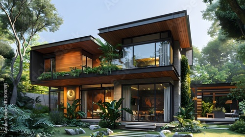 A modern luxury house with large windows, surrounded by lush greenery and bathed in warm natural light, showcases contemporary architecture and design.
