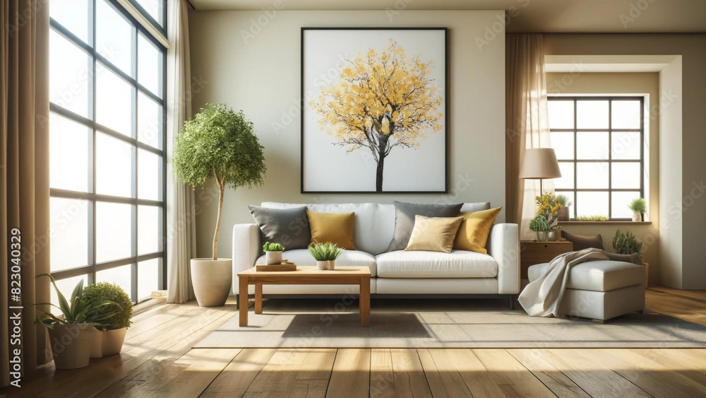 Fototapeta premium Minimalist Living Room with Yellow Highlights