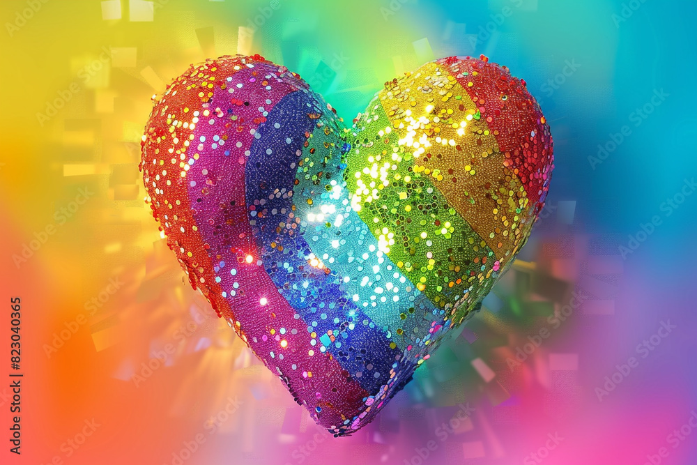 A heart symbol created from rainbow-colored sequins, shimmering under light, against a background that smoothly transitions through a rainbow gradient. A heart symbol created from rainbow-colored sequins, shimmering under light, against a background that smoothly transitions through a rainbow gradient.