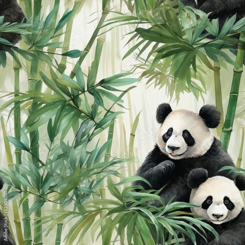 Illustration of pandas in a bamboo forest  showcasing the serene beauty of nature and wildlife in their natural habitat.