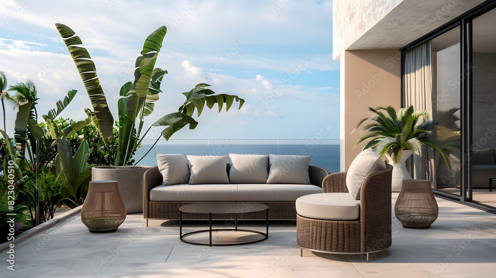 Fototapeta premium Modern outdoor patio with comfortable furniture and ocean view, perfect for relaxation and luxury living lifestyle. 