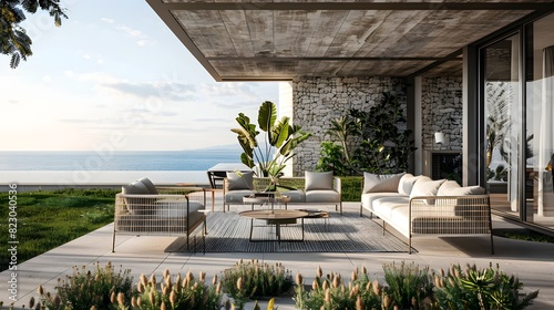 Modern luxury terrace with comfortable seating overlooking the ocean at sunset 