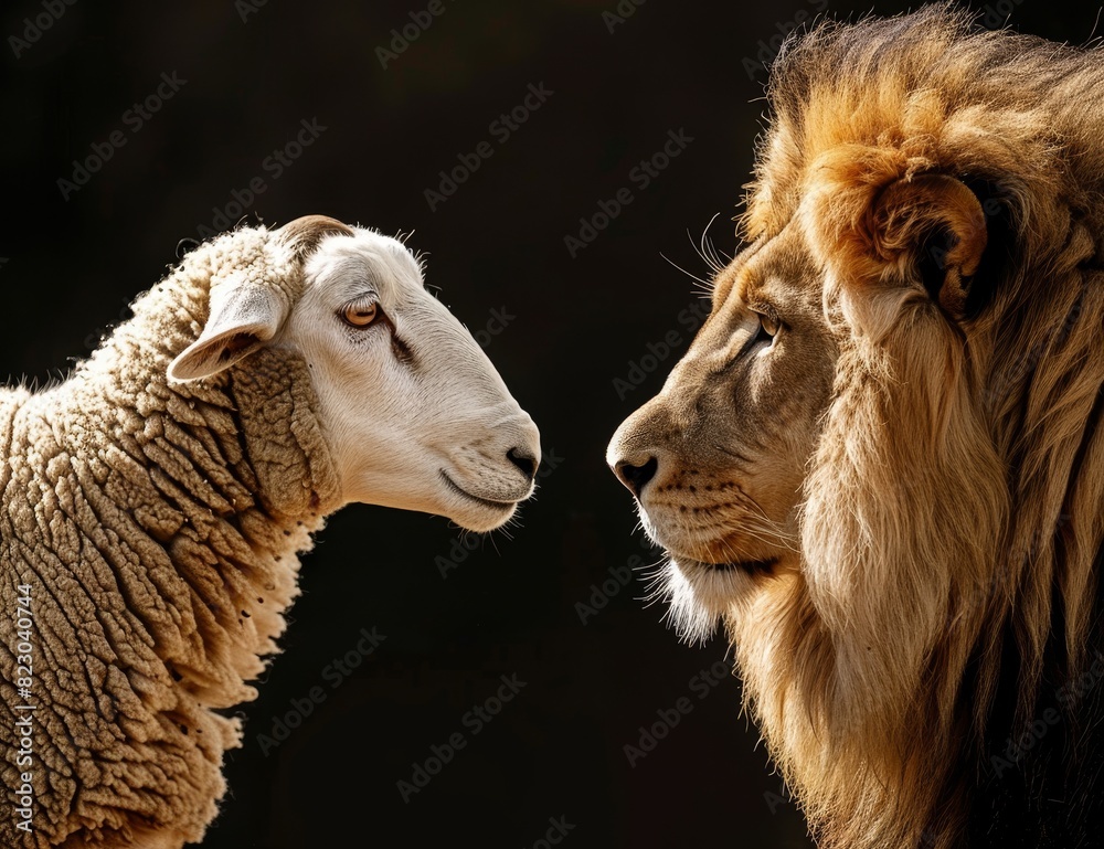 Powerful lion and gentle sheep face to face Powerful lion and gentle sheep face to face