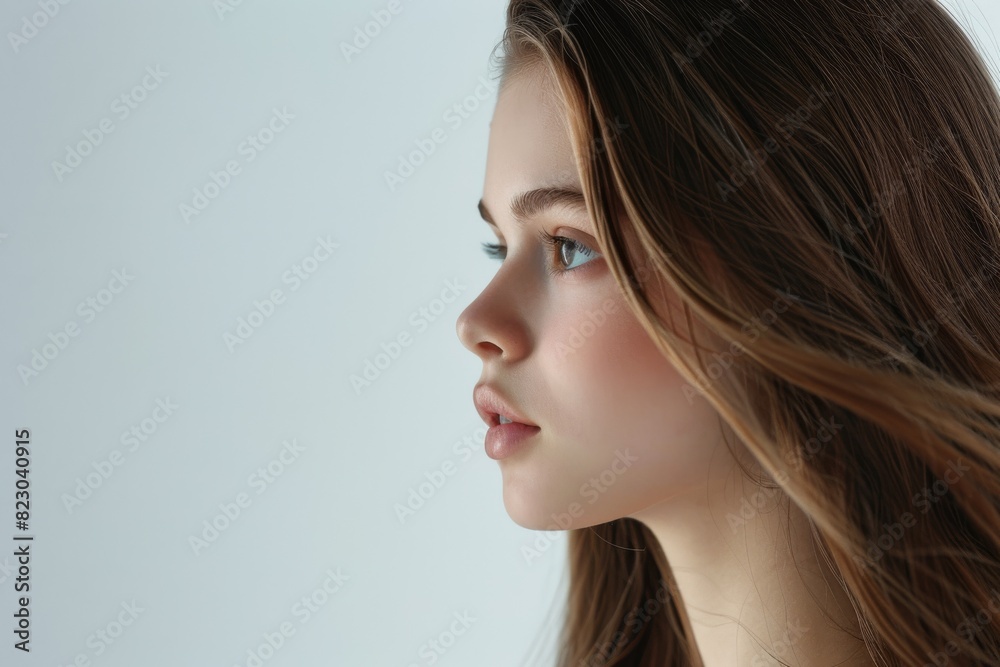 Naklejka premium A young woman with long brown hair gazing to the left against a light background