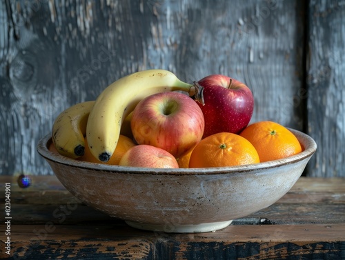 Assorted fresh fruit in a rustic bowl photo