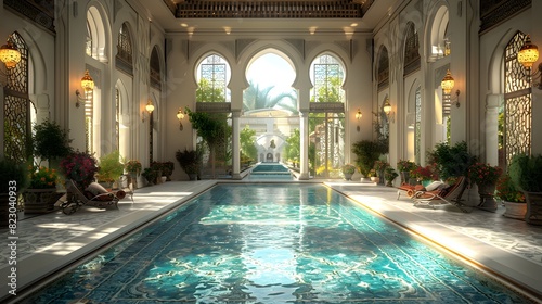 Luxurious indoor swimming pool in a grand room with natural lighting and elegant architecture details. 