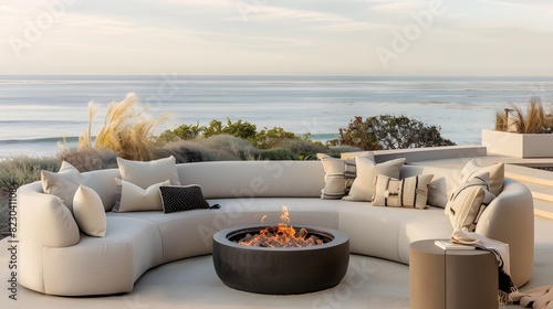 Modern outdoor lounge area with a fire pit overlooking the ocean at sunset. 