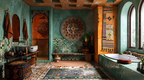 A luxurious Moroccan style bathroom with traditional tiles, decor, and a modern bathtub exudes exotic elegance and comfort. 