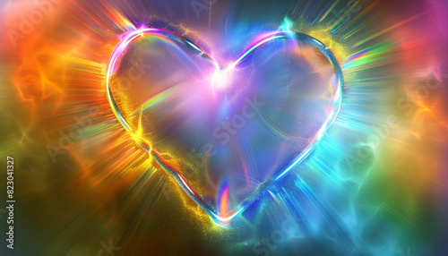 A heart symbol formed by rainbow-colored light beams, glowing and ethereal, against a background that subtly shifts through a rainbow gradient.