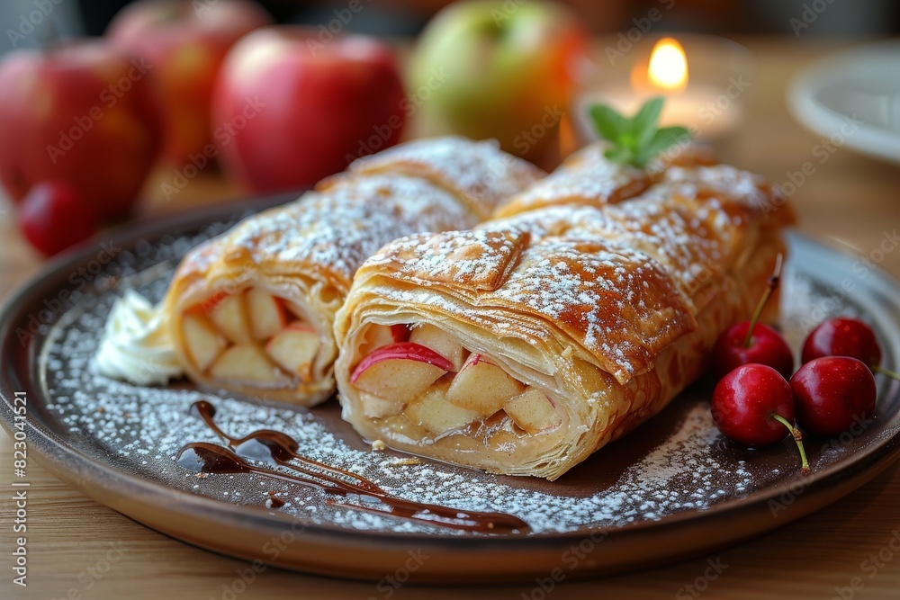 Apfelstrudel - Apple strudel with a dusting of powdered sugar and a scoop of vanilla ice cream. Apfelstrudel - Apple strudel with a dusting of powdered sugar and a scoop of vanilla ice cream.