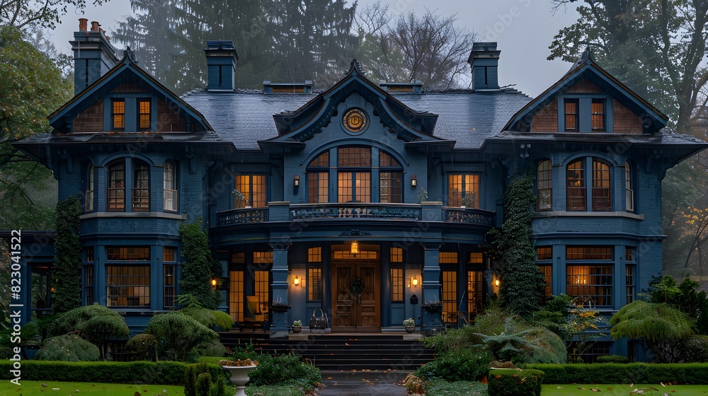 Majestic blue mansion with elegant architecture enveloped in misty ambiance.