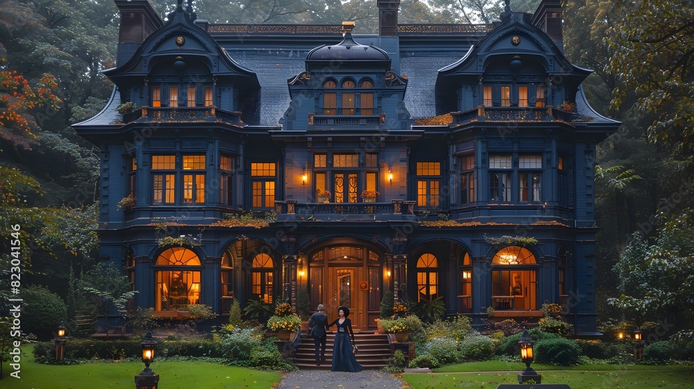 Fototapeta premium An elegant Victorian mansion illuminated at twilight with a couple standing on the front steps 